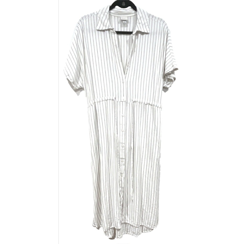 A New Day Women White Navy Blue Striped Linen Blend Button Front Midi Dress S